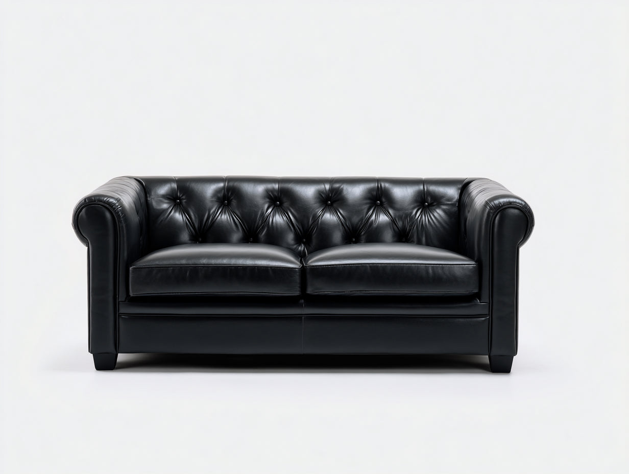 Divano a due posti - Pelle sintetica-Legno - 183 x 89 x 78 cm - Nero - Stile Chesterfield contemporaneo
