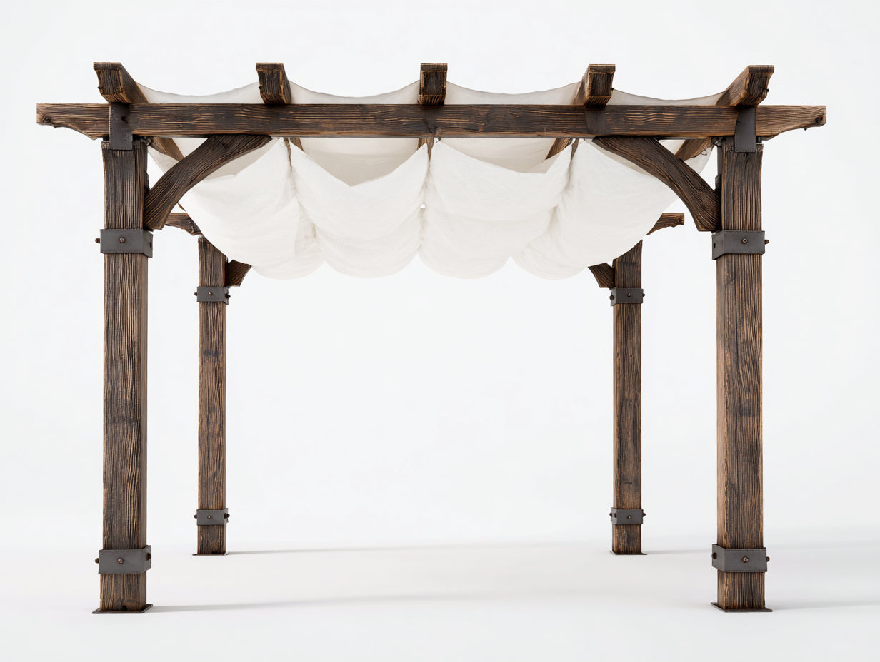 Pergola da giardino - Legno-tessuto - 300 x 280 x 255 cm - Marrone-Bianco - Stile rustico con telo drappeggiato