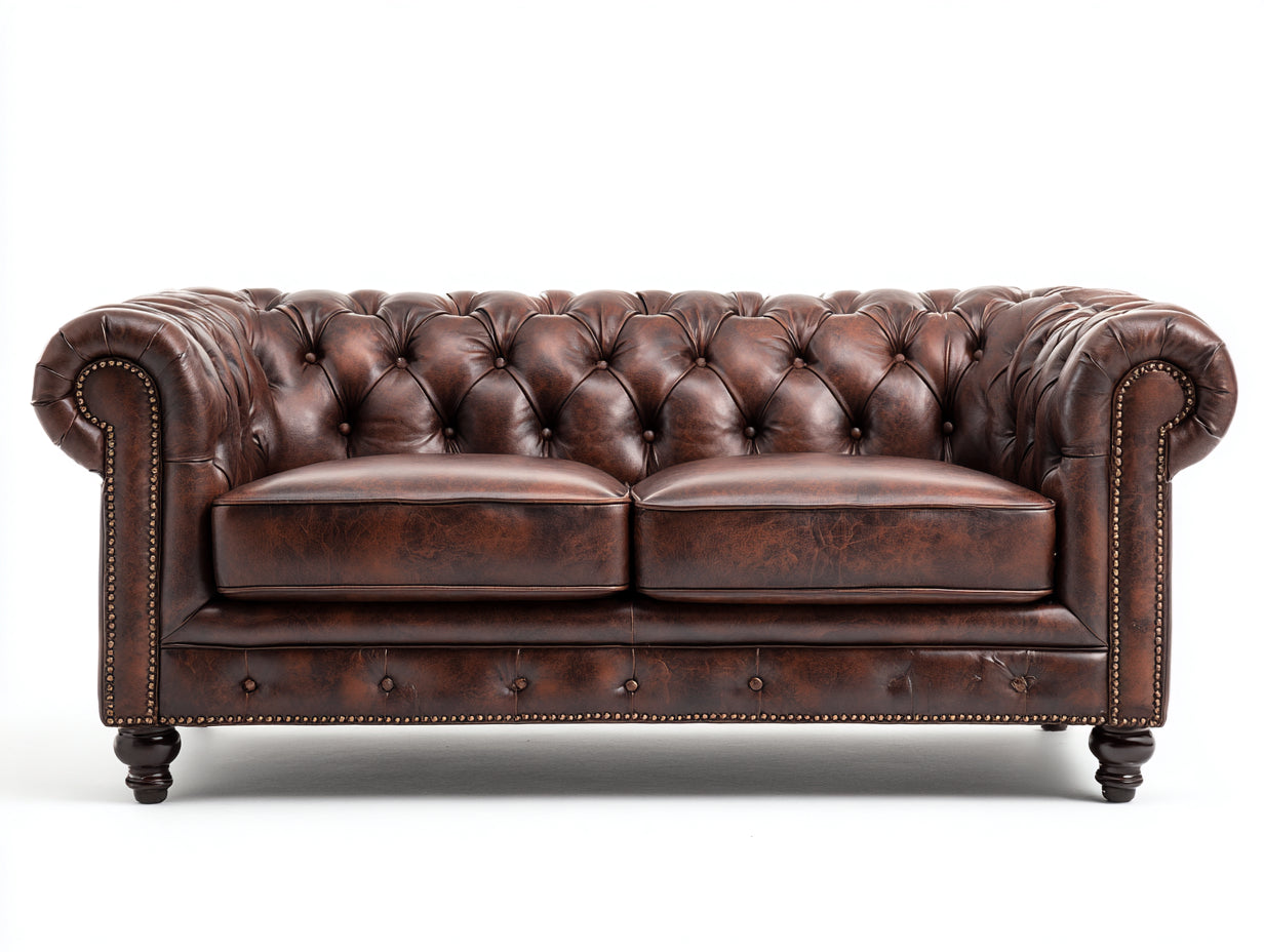 Divano a due posti - Pelle - 188x92x76 cm - Marrone - Stile Chesterfield