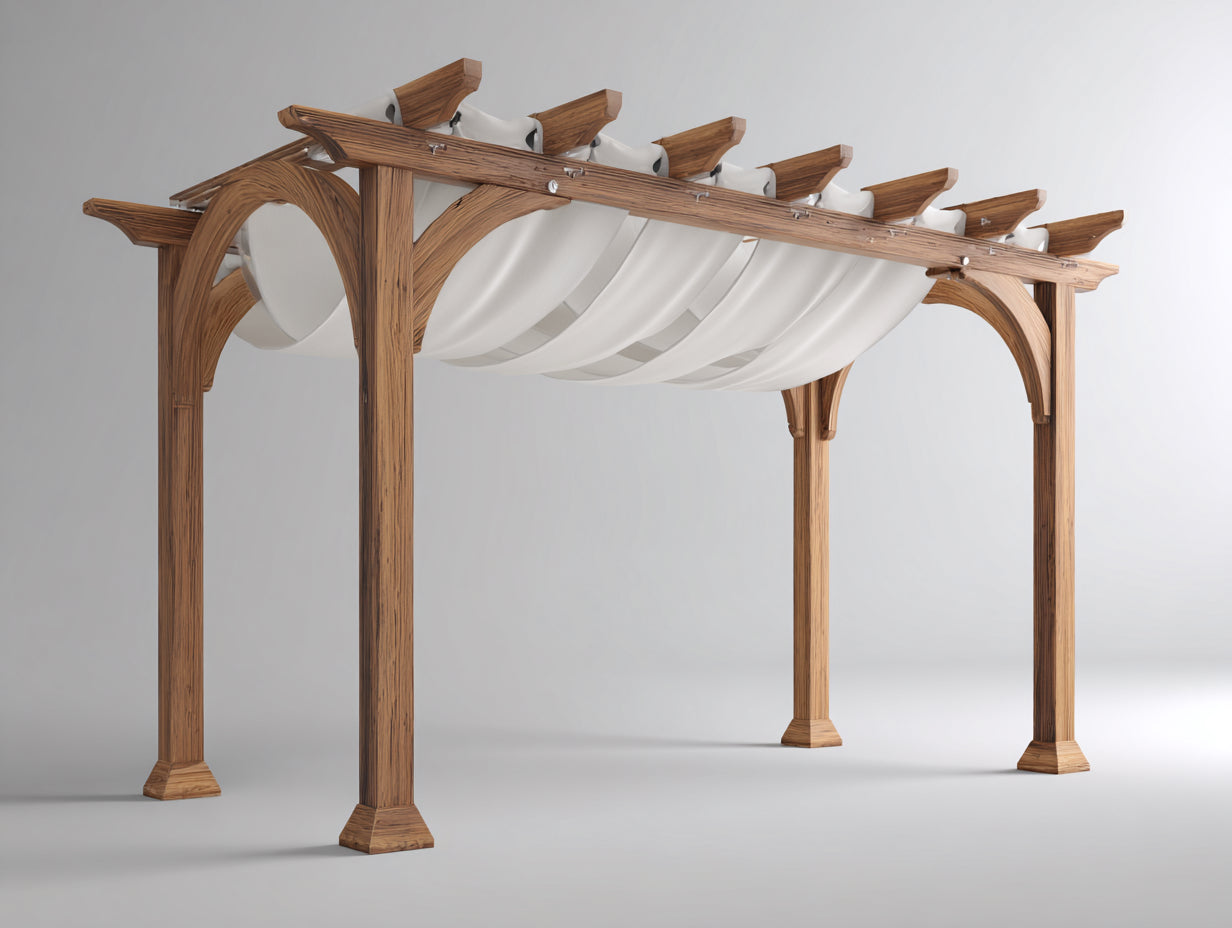 Pergola da giardino - Legno-tessuto-metallo - 340 x 300 x 262 cm - Marrone-Bianco - Stile classico con archi decorativi e telo drappeggiato