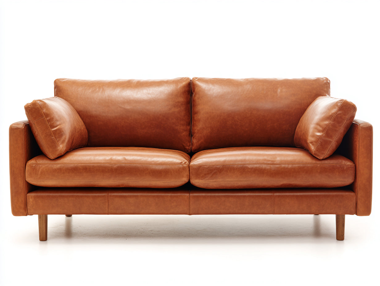 Divano a due posti - Pelle-Legno - 185 x 90 x 86 cm - Marrone cognac - Stile moderno minimalista