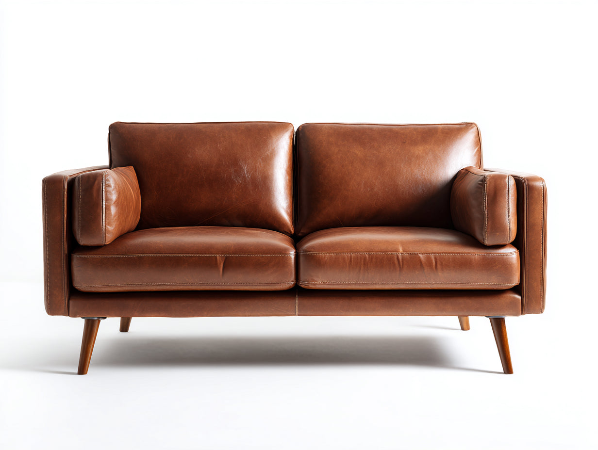 Divano a due posti - Pelle-Legno - 181 x 84 x 83 cm - Marrone cognac-Naturale - Stile minimalista rétro