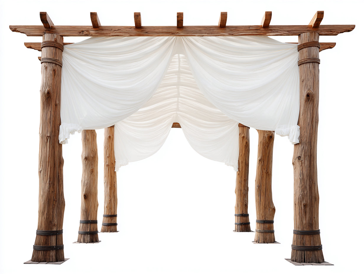 Pergola da giardino - Legno-tessuto - 370 x 305 x 272 cm - Marrone-Bianco - Stile rustico con tendaggi drappeggiati