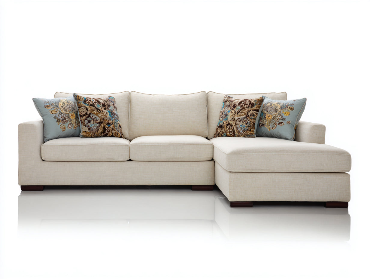 Divano angolare - Tessuto-Legno - 284x177x88 cm - Avorio-Marrone scuro - Stile contemporaneo