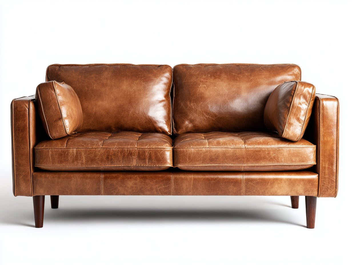 Divano a due posti - Pelle-Legno - 187 x 92 x 85 cm - Marrone cognac - Stile vintage industriale