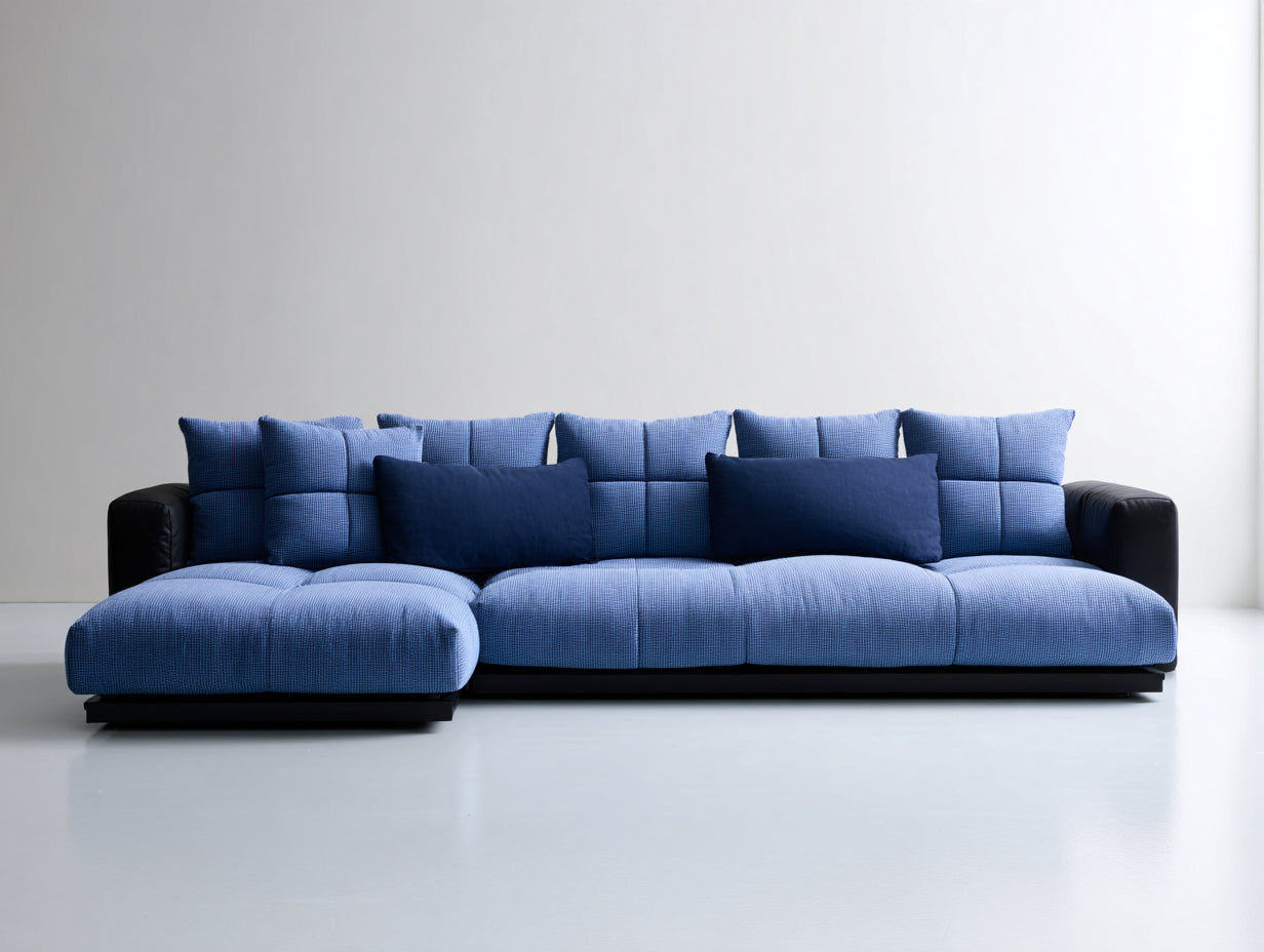 Divano angolare - Tessuto-Ecopelle-Metallo - 296x181x84 cm - Blu-Nero - Stile moderno