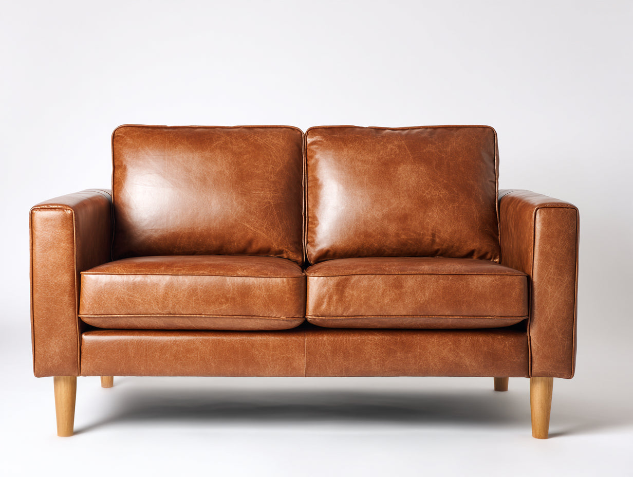 Divano a due posti - Pelle-Legno - 178 x 86 x 88 cm - Marrone cuoio - Stile moderno