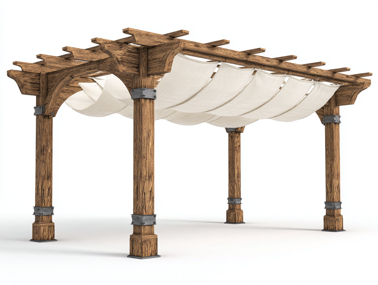 Pergola da giardino - Legno-tessuto - 350 x 310 x 270 cm - Marrone-Bianco - Stile rustico con copertura ondulata