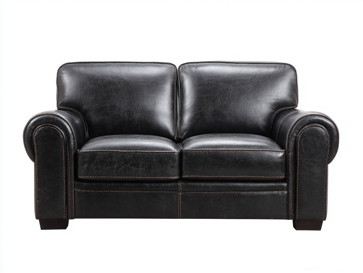 Divano a due posti - Pelle-Legno - 176 x 92 x 88 cm - Nero - Stile classico confortevole