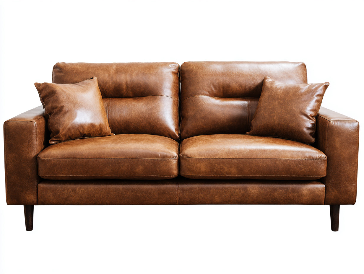 Divano a due posti - Pelle-Legno - 189 x 93 x 88 cm - Marrone tabacco - Stile contemporaneo