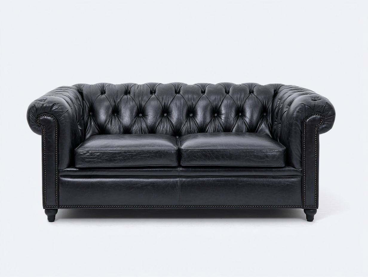 Divano a due posti - Pelle-Legno - 190 x 94 x 78 cm - Nero - Stile Chesterfield classico